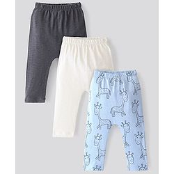 Bonfino 100% Cotton Knit Full Length Diaper Legging Solid & Giraffe Pack Of 3 - Off White Grey & Blue