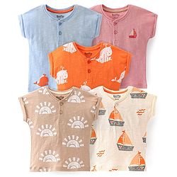 Bonfino 100% Cotton Knit Half Sleeves T-Shirts Boat Print Pack of 5 -Off White Orange Blue & Brown