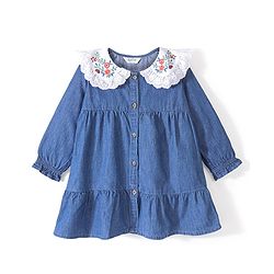 Bonfino 100% Cotton Woven Full Sleeves Floral Embroidery Collar Dress - Indigo