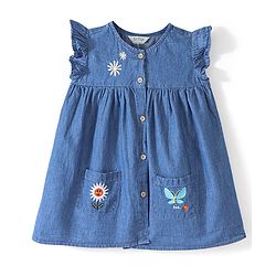 Bonfino 100% Cotton Woven Flutter Sleeves Denim Dress With Floral Embroidery - Indigo