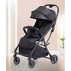 Bonfino Aero Lite Baby Cruiser Stroller, 5-Point Harness, Single Hand Fold, Swivel Wheels - Black| Reclining Backrest and Adjustable Foot Rest| Concealed Link Brake