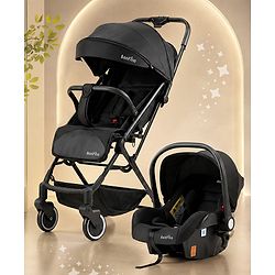 Bonfino Carry Cruise Travel System - 3-in-1 Stroller, Car Seat, Carry Cot with Linen Fabric, Adjustable Canopy - Black| Reclining Backrest and Adjustable Foot Rest| Concealed Link Brake