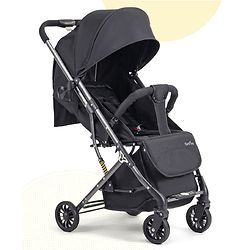 Bonfino Breeze Lite Stroller - Linen Fabric, Foldable, Swivel Wheels - Black| Suspension| Linked Brake| Reclining Backrest and Adjustable Foot Rest| Integrated Trolley Handle| Self-standing When Folded
