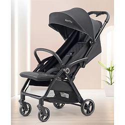 Bonfino Quick Fold Magic Stroller - Premium Melange Fabric, 5-Point Harness, Aluminium Frame, Black| Suspension| Linked Brake| Reclining Backrest and Adjustable Foot Rest| Integrated Trolley Handle| Self-standing When Folded