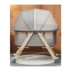 Bonfino Cozy Haven Bassinet - Grey| Compact Fold & Travel Friendly| No-tool Assembly| Canopy Style Mosquito Net| Wheels with Lock| Mesh Sides for ventilation