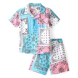 Bonfino 100% Viscose Woven Drop Shoulder Half Sleeves Co-ords Resort Collar Shirt & Shorts Set with Tile Print - Light Blue