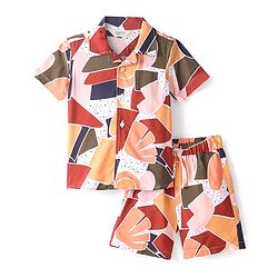 Bonfino 100% Viscose Woven Drop Shoulder Half Sleeves Co-ords Resort Collar Shirt & Shorts Set with Abstract Print - Brown