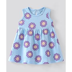 Bonfino 100% Cotton Knit Sleeveless Floral Printed Frock - Blue