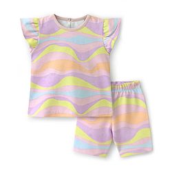 Bonfino 100% Cotton Knit Frill Sleeves Printed Top & Shorts Set - Pink