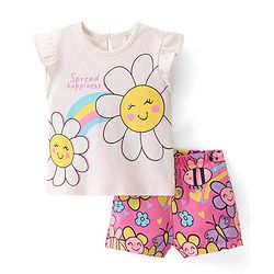 Bonfino 100% Cotton Frill Sleeves  T-Shirt & Shorts Set Flowers & Bee Print - Ivory & Pink