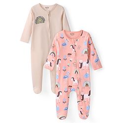 Bonfino Girls 100% Cotton Full Sleeves Unicorn Printed Sleepsuits Pack of 2 - Peach & Cream