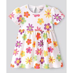 Bonfino Cotton Knit Half Sleeves Frock with Floral Print - Ivory