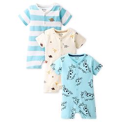 Bonfino Cotton Half Sleeves Striped & Dino Printed Rompers Pack of 3 - Blue & Off White