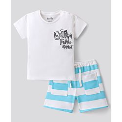 Bonfino Cotton Knit Half Sleeves Text HD Printed T-Shirt & Striped Shorts Set - White & Light Blue