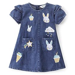 Bonfino 100% Cotton Woven a Line Bunny Embroidery Denim Washed Dress -Indigo
