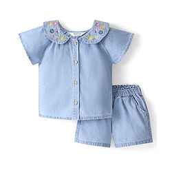 Bonfino 100% Cotton Woven Half Raglan Sleeves Peter Pan Collar Top & Denim Shorts Set with Floral Embroidery - Light Blue