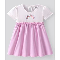 Bonfino 100% Cotton Knit Half Sleeves Frock with Frill Detailing & Rainbow Print - Ivory