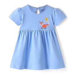 Bonfino 100% Cotton Half Sleeves Frock with Fox & Floral Embroidery - Blue