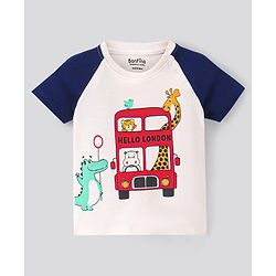 Bonfino 100% Cotton Knit Raglan  Sleeves T-Shirt with Bus & Animal Print - White