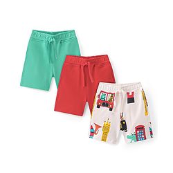 Bonfino  100% Cotton Knit Above Knee Length Shorts Solid & Bus Print  Pack of 3- Green Red & White