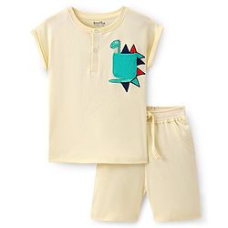 Bonfino 100% Cotton Knit Half Sleeves T-Shirt & Shorts Set with Dino Print & Pocket Detailing - Yellow