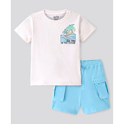 Bonfino 100% Cotton Knit Half Sleeves T-Shirt & Shorts Set Palm Tree Print - White & Blue