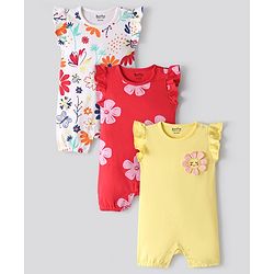 Bonfino 100% Cotton Knit Sleeveless Romper Floral & Butterfly Print Pack Of 3 - Yellow Red & Ivory