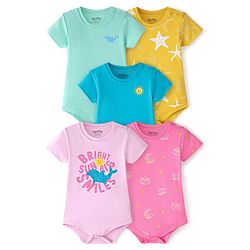 Bonfino  100% Cotton Knit Half  Sleeves Onesies Star & Dolphin Print Pack of 5 - Multicolour