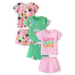 Bonfino 100% Cotton Knit Half Sleeves  Short Set Floral Print Pack of 3 - Pink Ivory & Mint