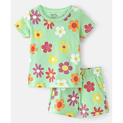 Bonfino 100% Cotton Knit Half Sleeves Night Suit With Floral Print - Pastel Green