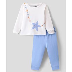 Bonfino 100% Cotton Knit Full Sleeves Night Suit With Star Fish Print - White & Blue