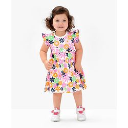 Bonfino 100% Cotton Frill Sleeves Dress with Bloomer Floral Print - Ivory