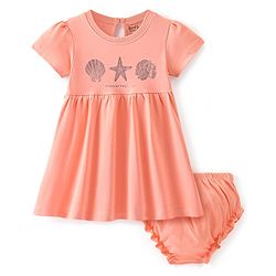 Bonfino 100% Cotton Knit Short Sleeves Frock With Bloomer Star Fish Print- Peach