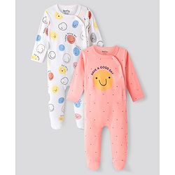 Bonfino 100% Cotton Full Sleeves All Over Printed Sleepsuits Pack Of 2 - White & Coral
