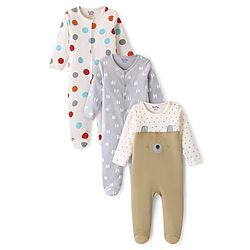 Bonfino 100% Cotton Knit Full Sleeve Sleep Suits With Polka Dot Pack of 3 -Grey Yellow & Brown