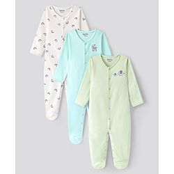 Bonfino 100% Cotton Full Sleeve Sleep Suits  With Animal Print Pack Of 3-Mint White & Green