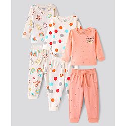 Bonfino 100% Cotton Full Sleeves Night Suit With Animal Print Pack Of 3 - Multicolor