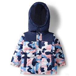 Bonfino Woven Full Sleeve Puffer Winter Jacket with Camouflage Design & Detachable Hood - Navy Blue