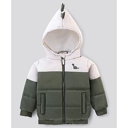 Bonfino Full Sleeve Hooded Puffer Jacket with Dino Print - Green & White