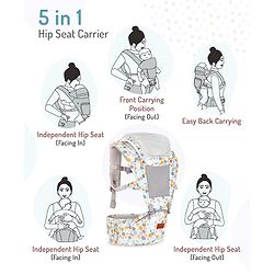 Bonfino Cuddle 5-in-1 Baby Carrier with Hip Seat: Ergonomic design, 5 Carry positions, Breathable mesh, Padded straps, Storage pockets, Adjustable hood, Durable buckles, Supports up to 15 kg- Grey