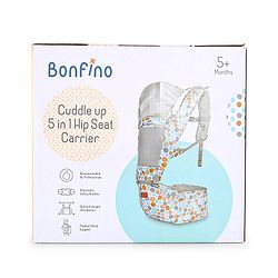 Bonfino Cuddle 5-in-1 Baby Carrier with Hip Seat: Ergonomic design, 5 Carry positions, Breathable mesh, Padded straps, Storage pockets, Adjustable hood, Durable buckles, Supports up to 15 kg- Grey