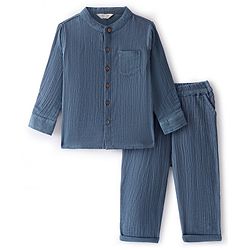 Bonfino 100% Cotton Double Gauze Woven Full Sleeves Solid Shirt & Pants Set - Light Grey