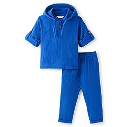 Bonfino 100% Cotton Double Gauze Woven Full Sleeves T-Shirt & Pant Set with Hood -Blue