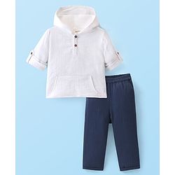 Bonfino 100% Cotton Double Gauze Woven Full Sleeves Solid Hoodie & Lounge Pants Set - White & Navy