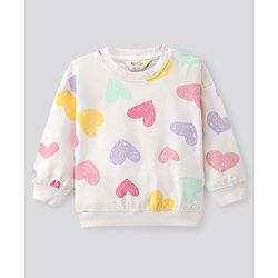 Bonfino 100% Cotton French Terry Full Sleeves Sweatshirt with Heart Print - Ivory