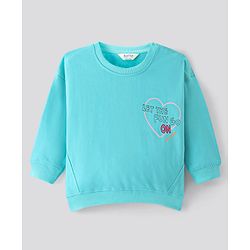 Bonfino 100% Cotton French Terry Full Sleeves Oversized Drop Shoulder Sweatshirt with Heart & Text Print- Blue