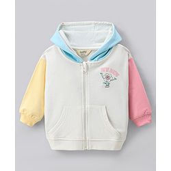 Bonfino 100% Cotton French Terry Knit Full Sleeves Front Open Hooded Sweatjacket with Floral Print & Kangaroo Pockets - Ivory