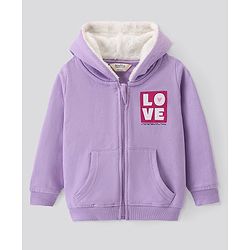 Bonfino  100% Cotton Knit French Terry Full Sleeves Hoodie with Fur Lining Text  Print - Lilac