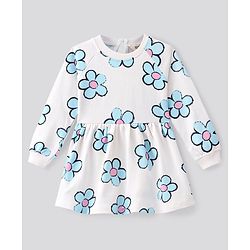 Bonfino 100% Cotton Knit French Terry Full Sleeves Winter Frock with Floral Print - Ivory