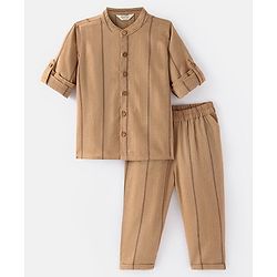 Bonfino Full Sleeves Dobby Shirt & Pants Set - Brown
